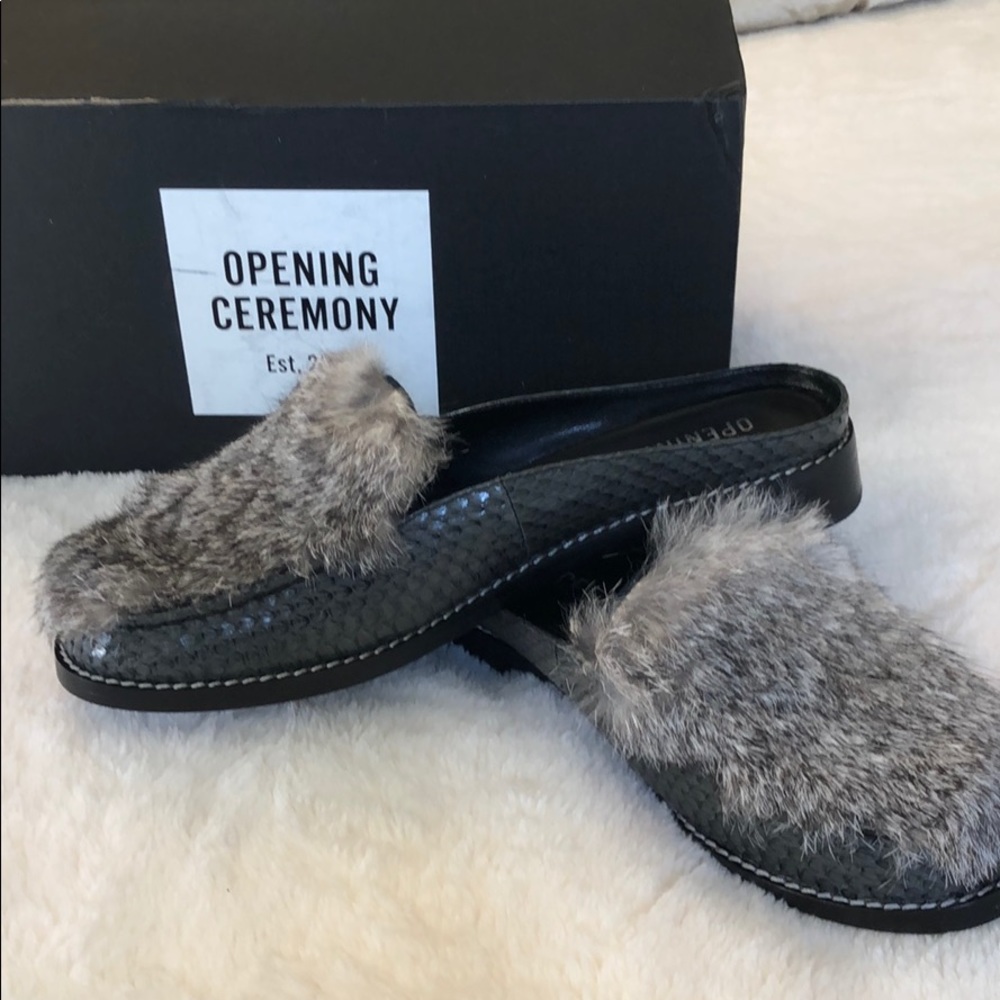 Open Ceremony loafer slides snakeskin/rabbit fur